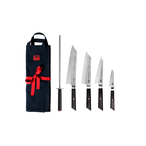Bunka Complete Set Deluxe: 4 messen (Bunka officemes + Bunka Petty + Bunka Santoku + Kiritsuke) + 2 accessoires (100% katoenen oprolmessenzak + aanzetstaal) - DRIVURA™